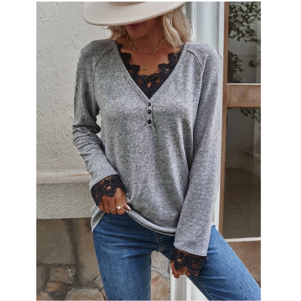 Grey Casual Marled Long Sleeve Tee Shirt V neck Buttons Contrast Black Lace - Picture 5 of 9